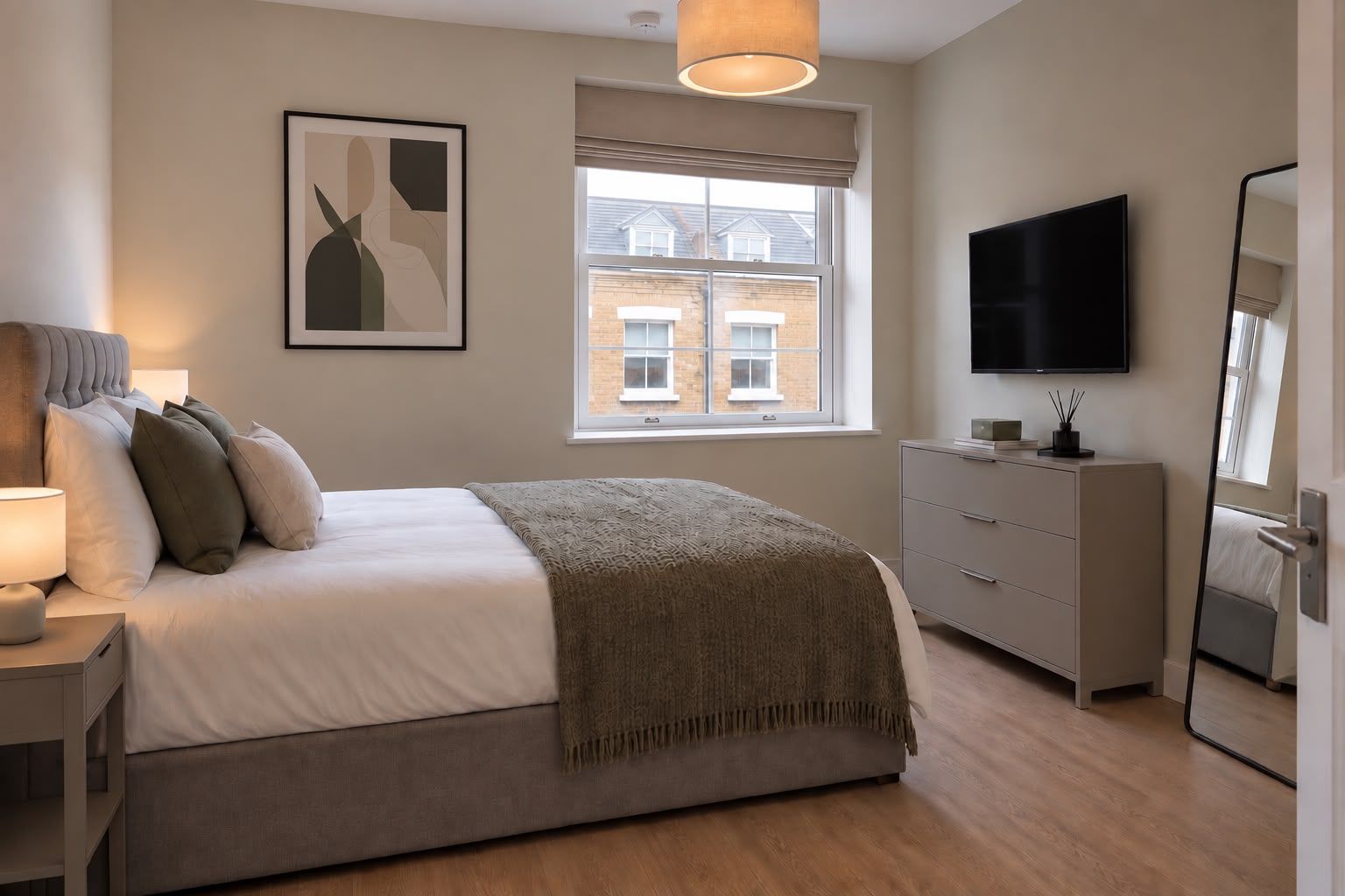 A bedroom with a bed, bedside table, lamp, dresser, TV, and a window with a view of buildings.