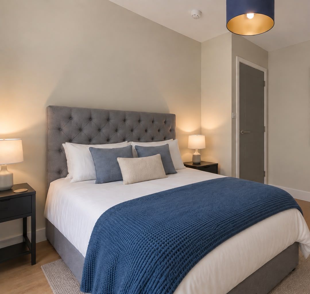 A bedroom with a tufted headboard, a bed with white and blue bedding, two bedside lamps, and a door.