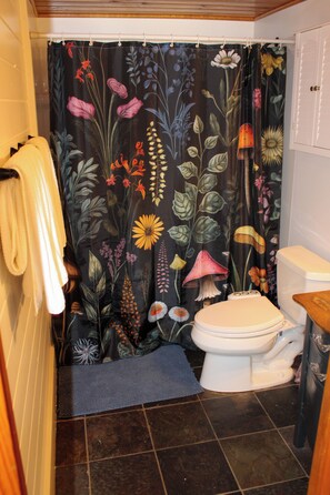 Un baño con inodoro, cortina de ducha con motivos florales, toallero y una alfombra pequeña.