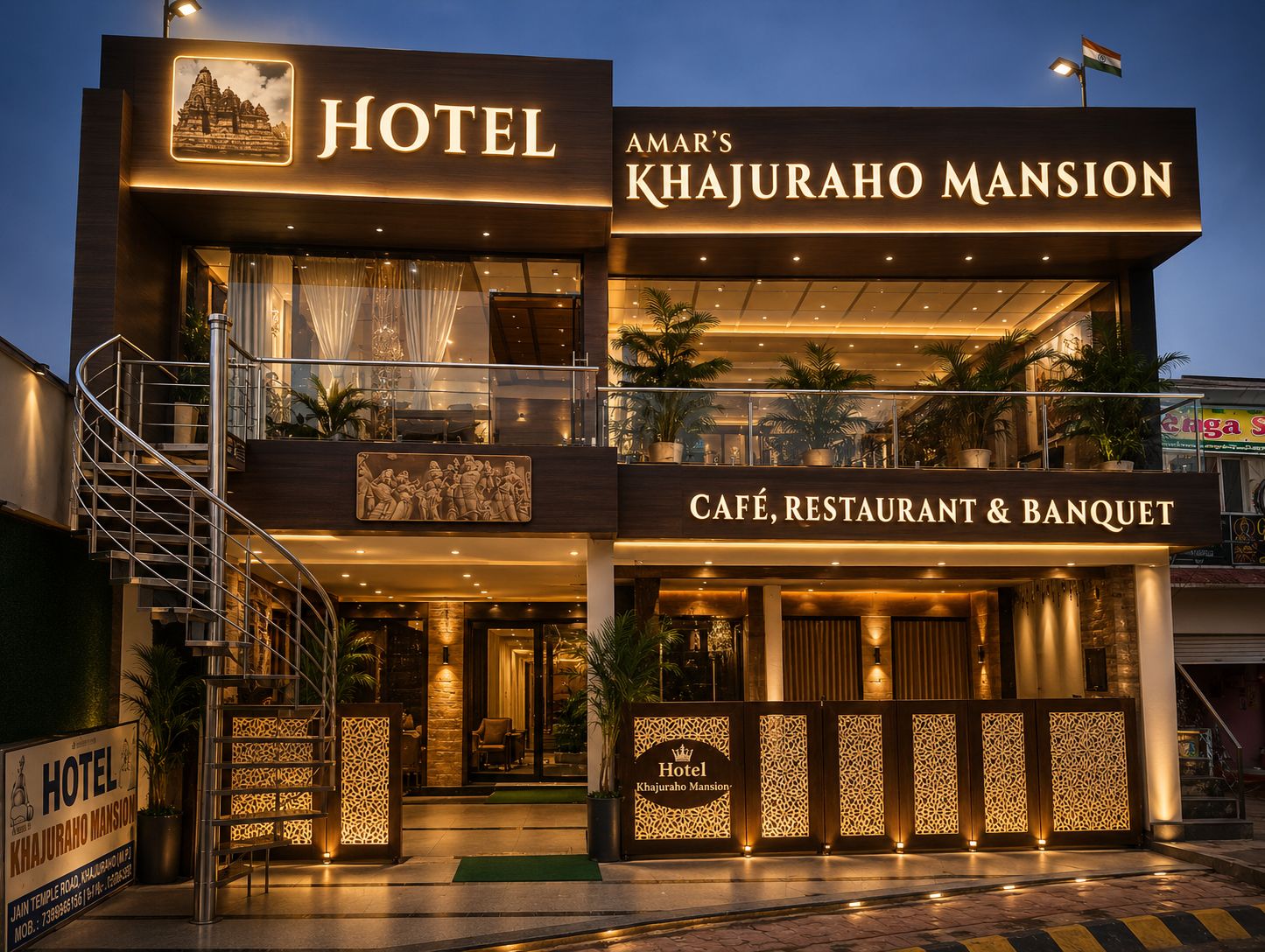 A hotel with a modern facade, a café, restaurant, and banquet area.