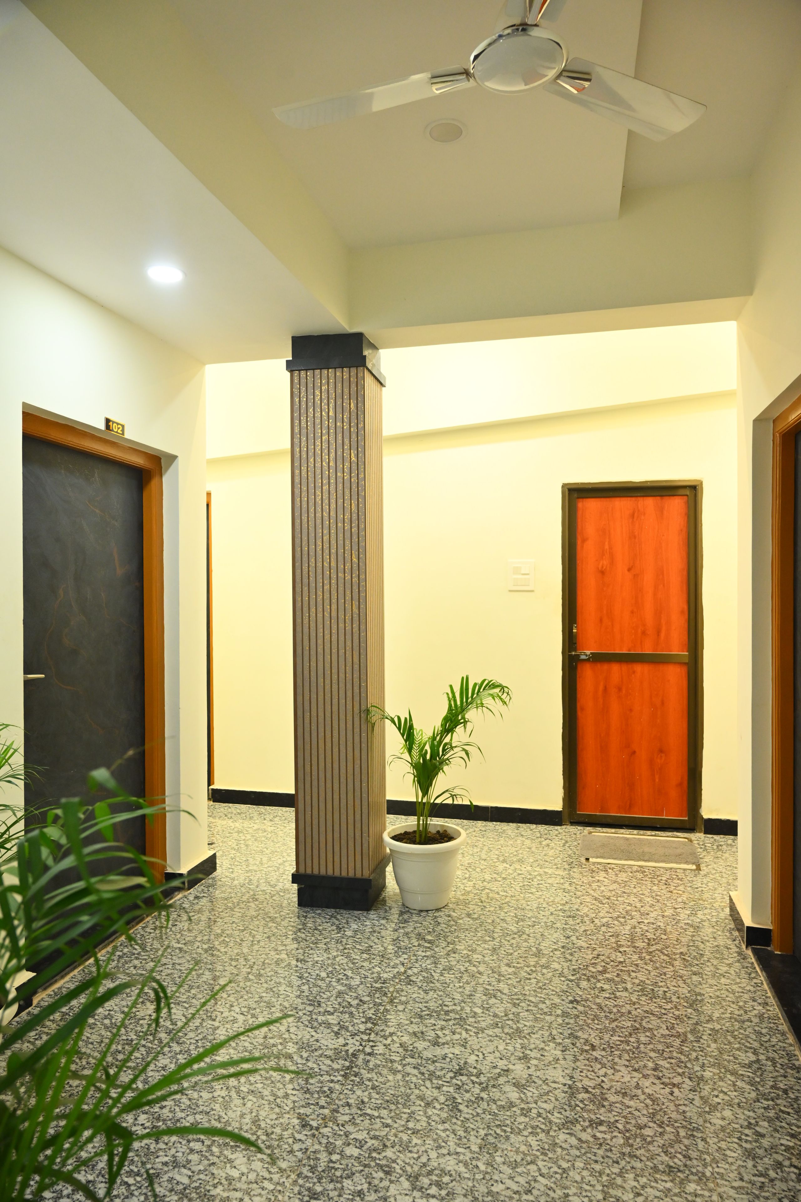 A hallway with a ceiling fan, a column, and a potted plant.