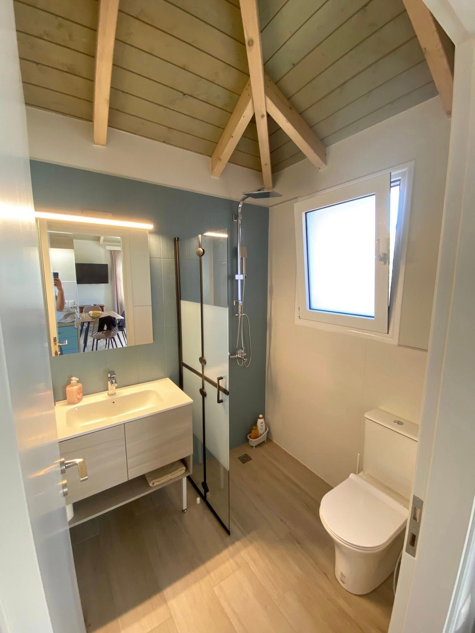 A modern bathroom with a shower, toilet, and vanity.