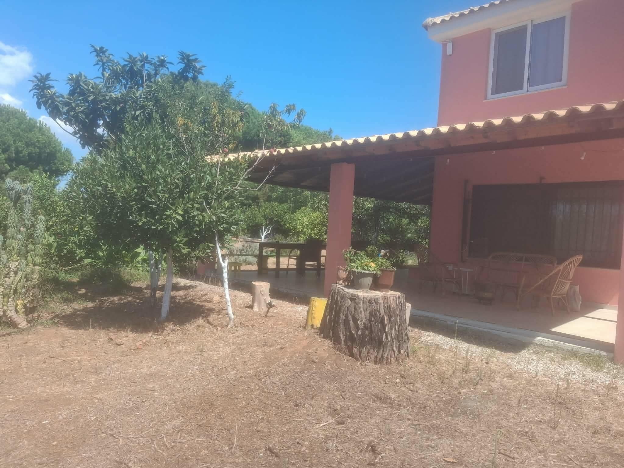 A house with a covered patio, a table with chairs, and a potted plant.