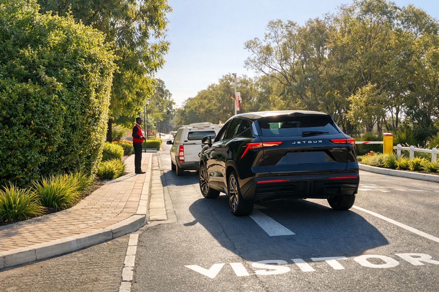 A road with a 'VISITOR' marking, a white vehicle, and a person standing by the curb.