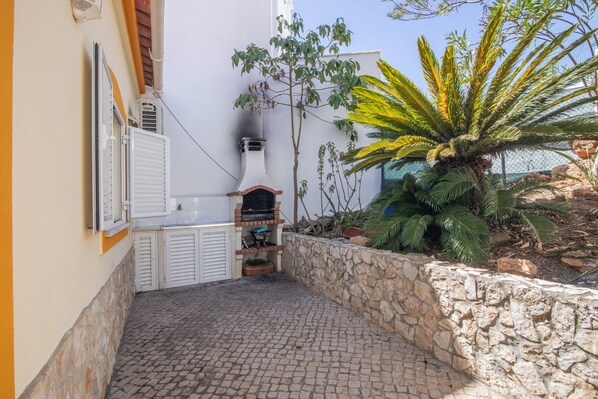 A courtyard with a stone wall, a brick barbecue area, and a palm tree.
