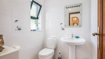 A bathroom with a toilet, sink, and a mirror.