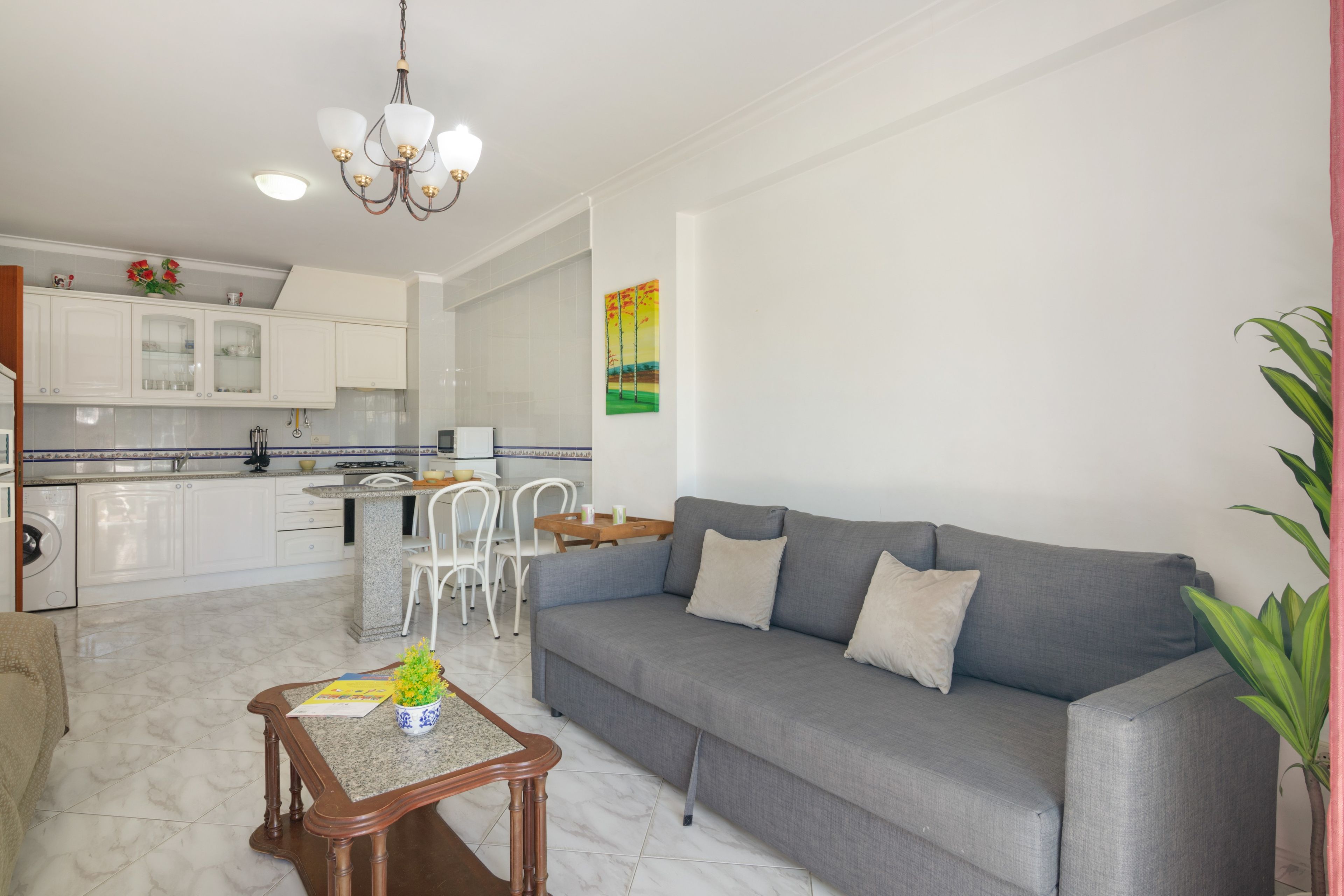 Un salon moderne avec un canapé gris, une table basse et un coin repas avec des chaises.