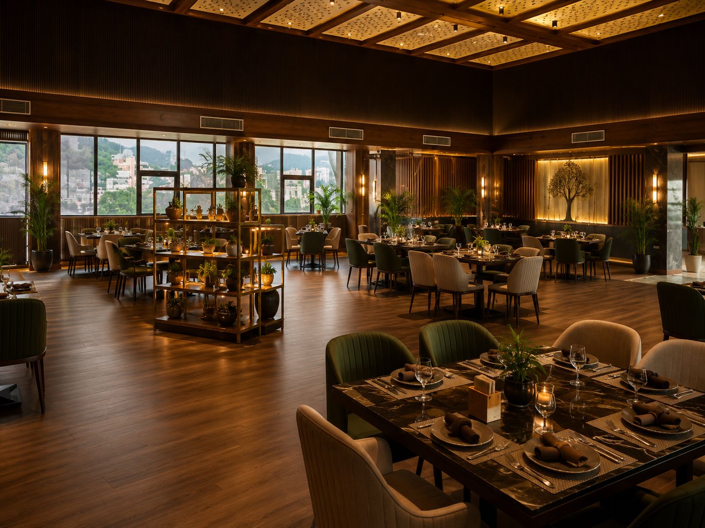 A spacious dining area with multiple tables and chairs, large windows offering a view of the city, and a wooden ceiling with recessed lighting.
