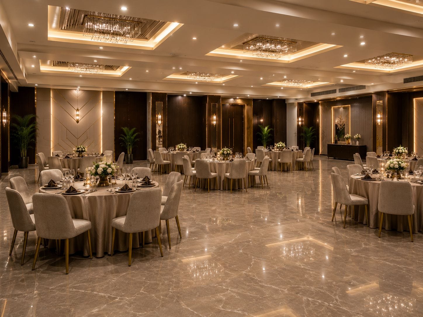 Un amplio salón de banquetes con mesas redondas, elegantes candelabros y un suelo de mármol pulido.