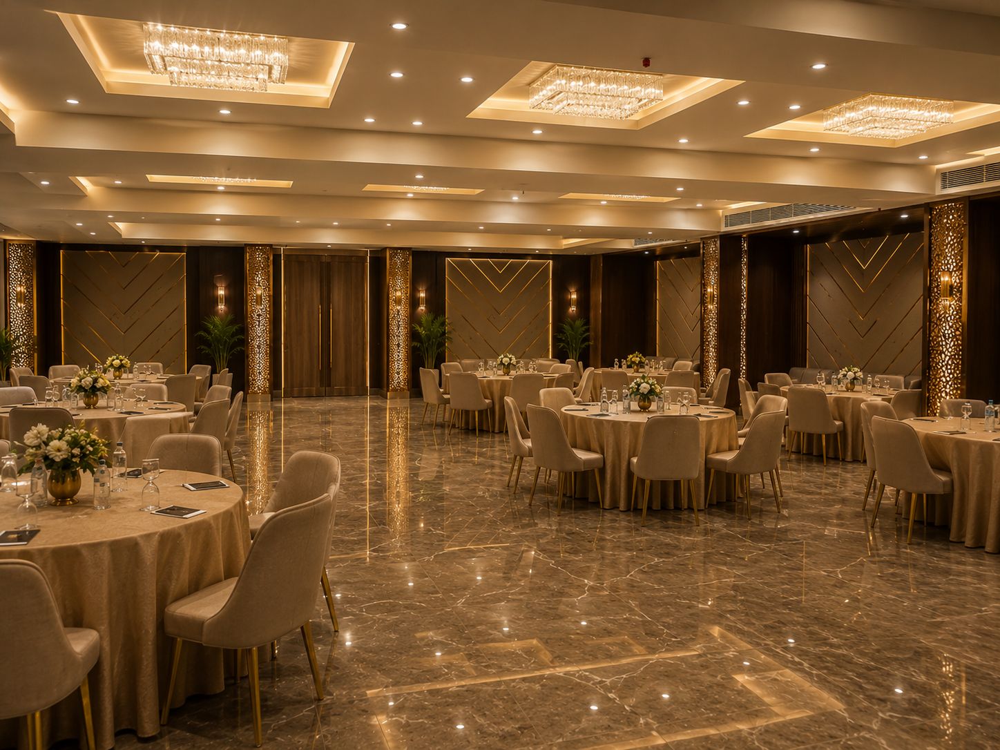 Un amplio salón de banquetes con mesas redondas, elegantes candelabros y un suelo de mármol pulido.