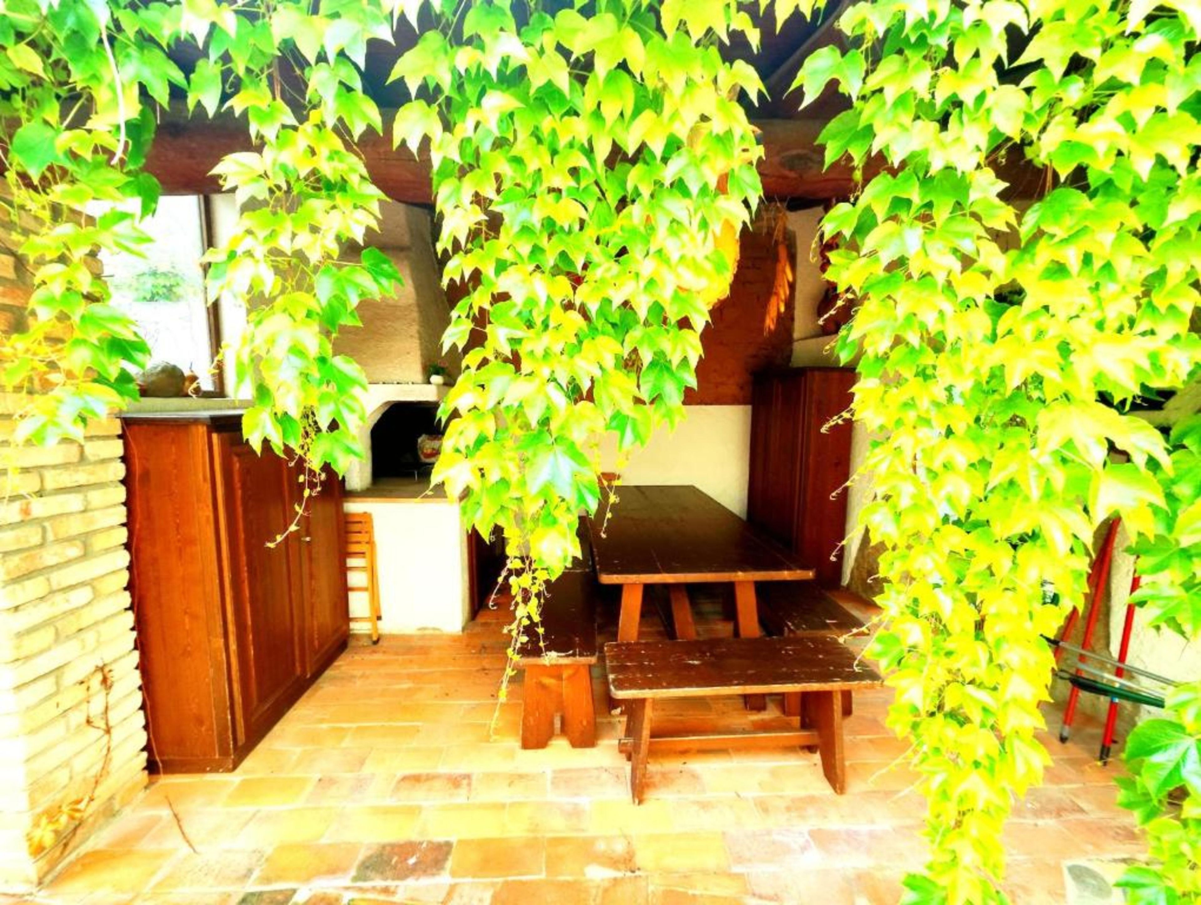 An outdoor patio with a wooden table and benches, surrounded by greenery and a brick wall.