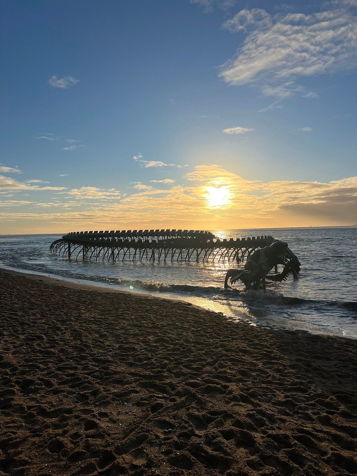 A beach with a pier extending into the water, a sunset in the background, and waves gently lapping at the shore.