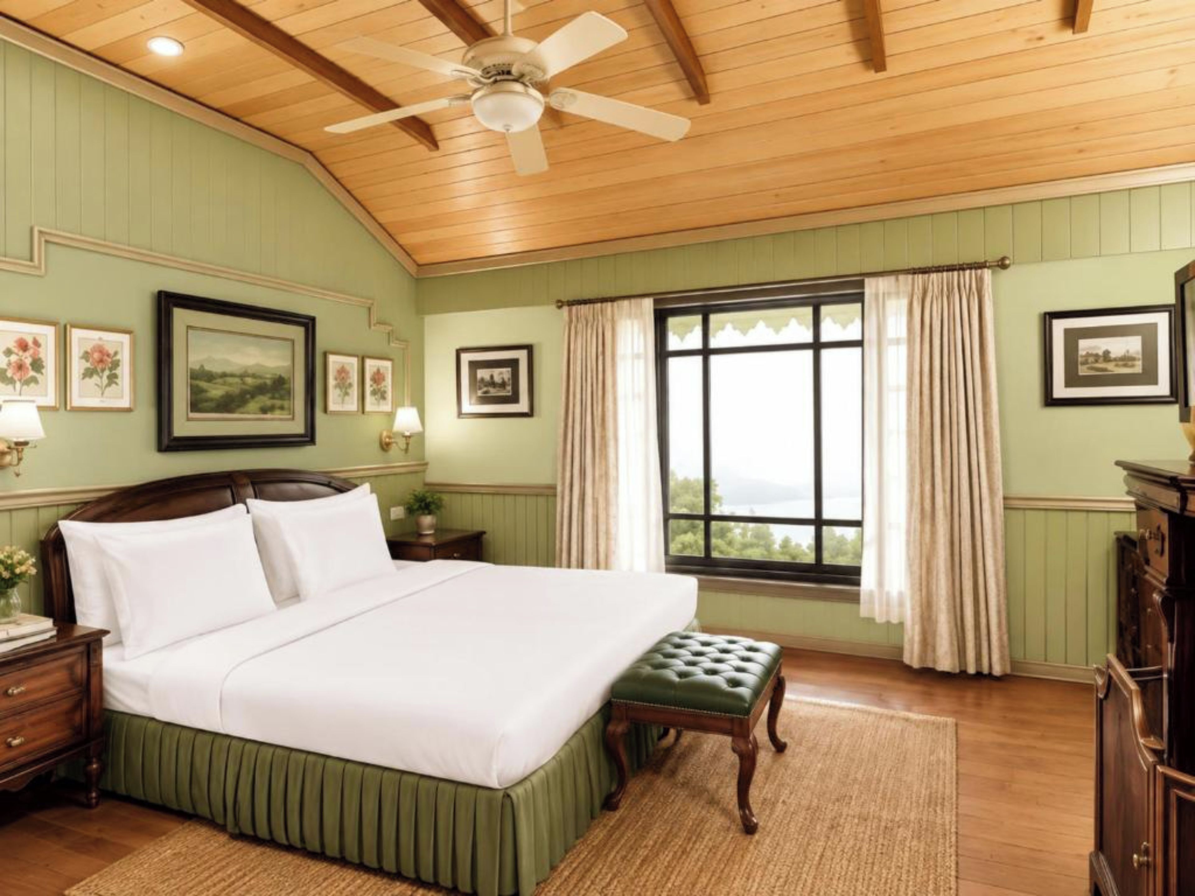 A bedroom with a bed, a wooden ceiling fan, a window with curtains, and framed pictures on the wall.