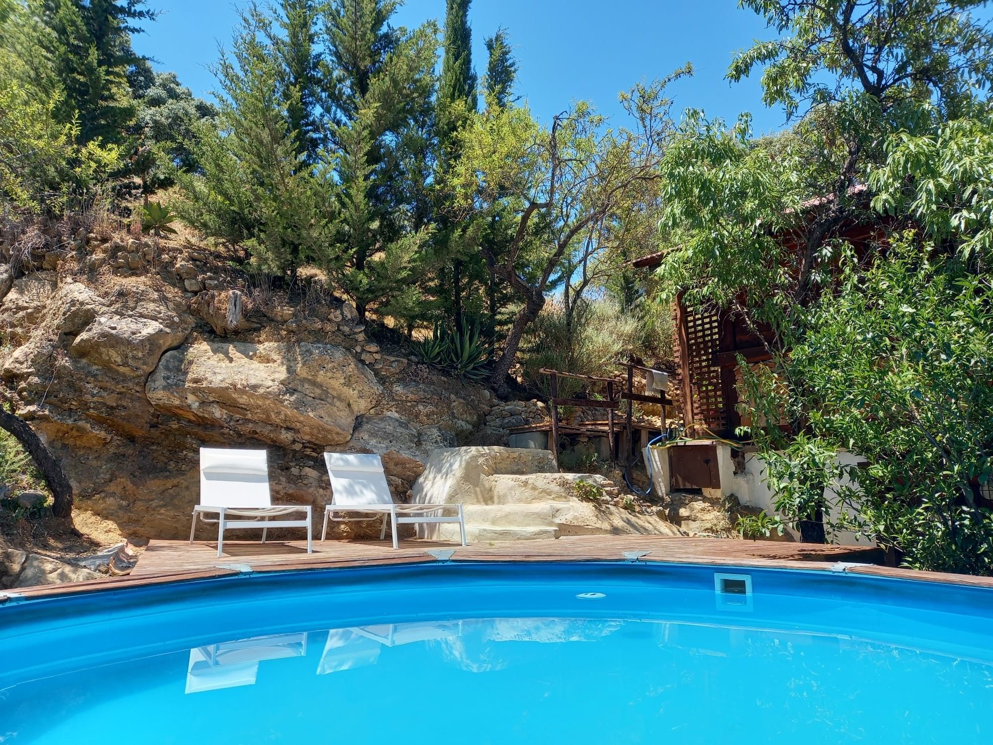 A swimming pool with lounge chairs, surrounded by a rocky landscape and trees.
