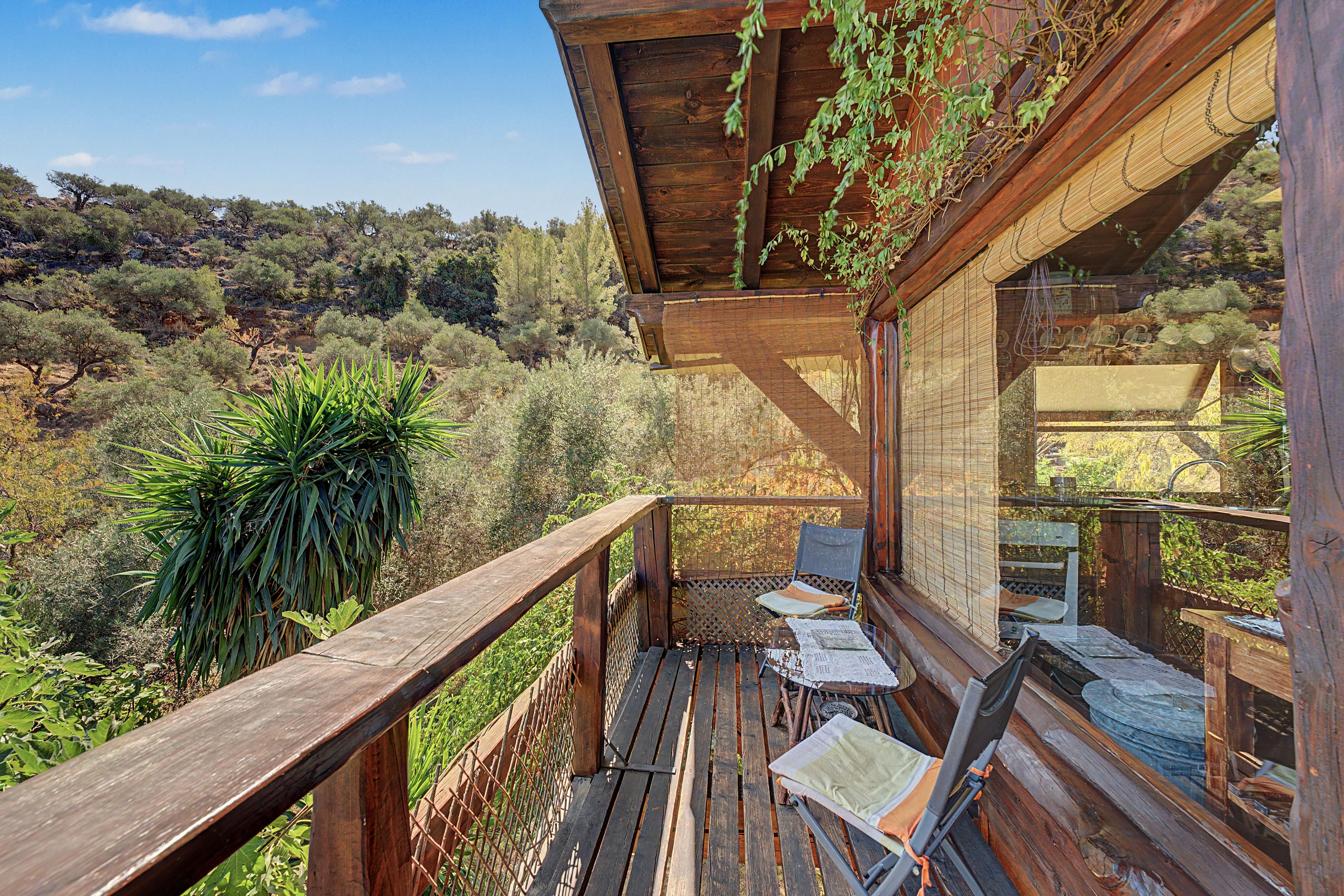Una terraza de madera con una mesa y sillas, con vista a un paisaje natural con árboles y arbustos.