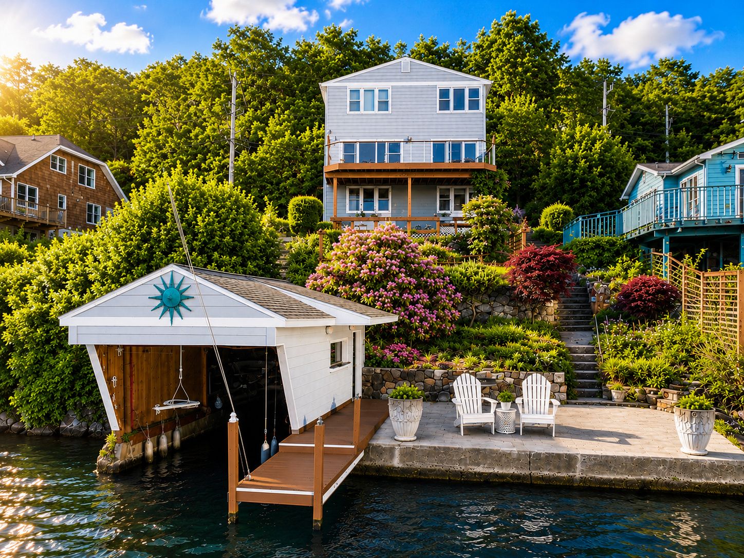A waterfront property with a dock, a covered boat house, and a stone staircase leading to a deck.