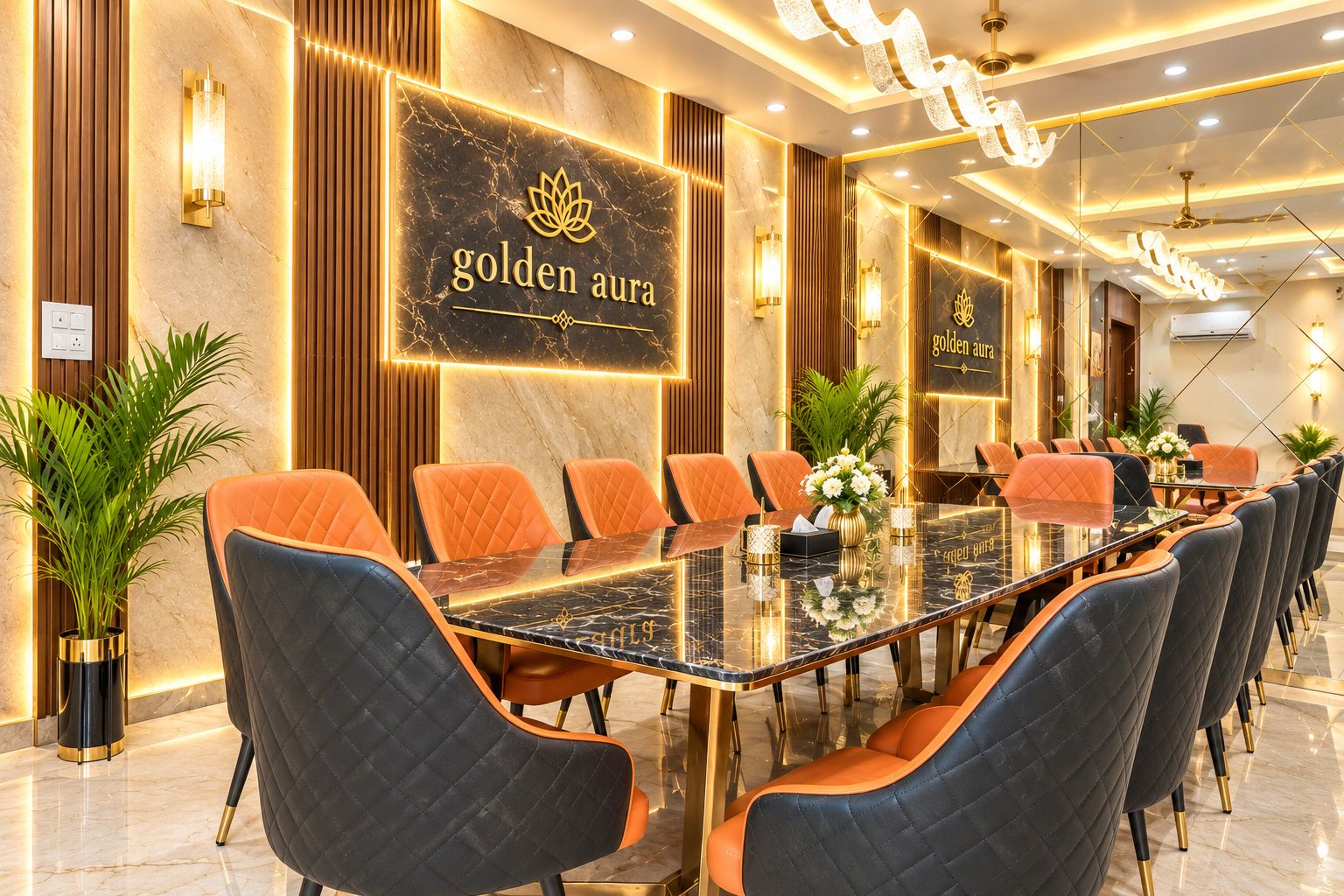 Un salón de conferencias con una larga mesa, varias sillas y una pared con el texto 'golden aura'.