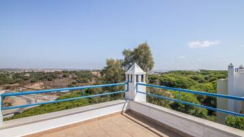 Una terraza con vista a un paisaje urbano, una estructura blanca con techo a dos aguas y una barandilla azul.