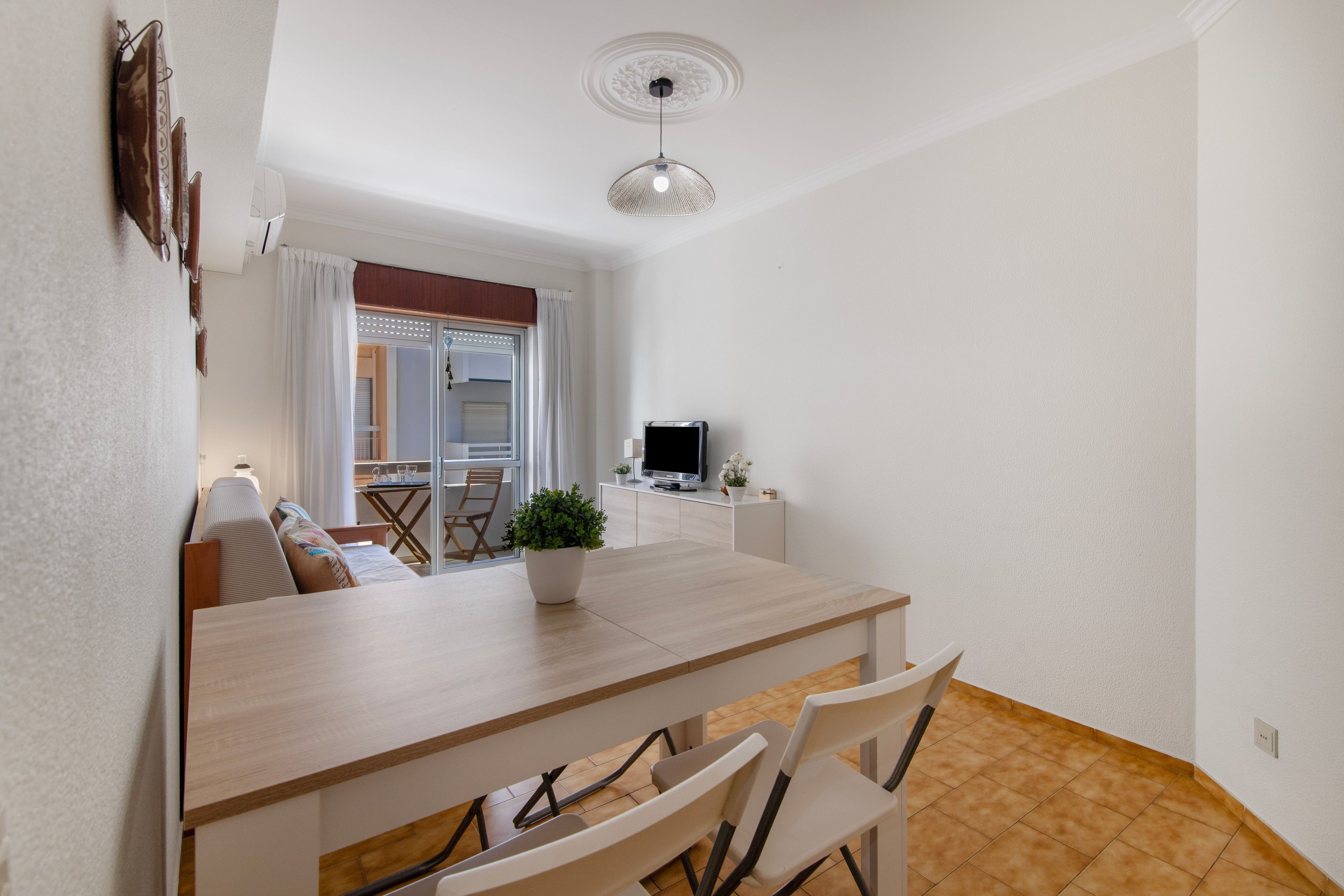 Un petit coin repas comprenant une table en bois, des chaises, une plante en pot et un téléviseur posé sur un meuble.