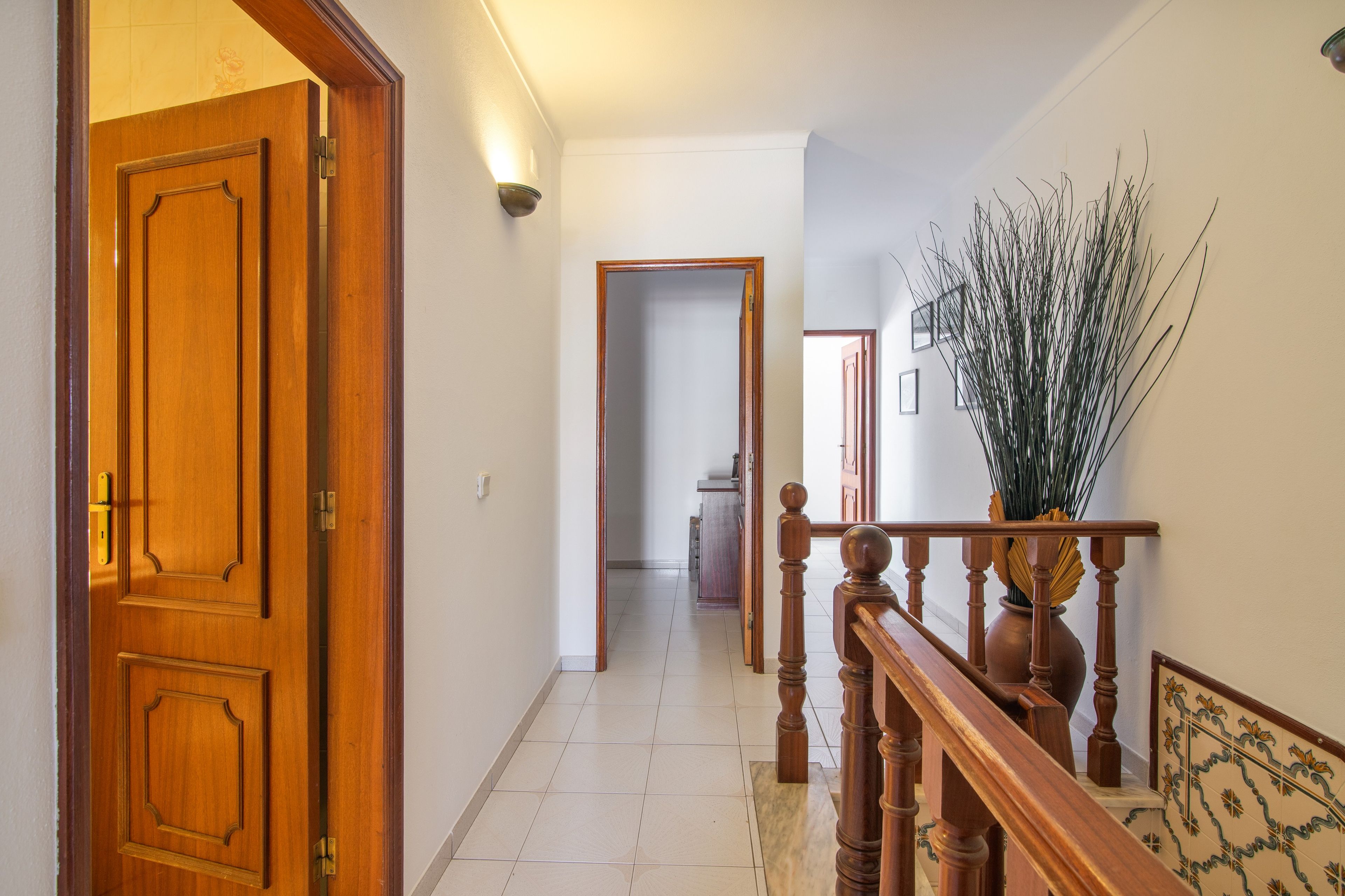 A hallway with wooden doors, a staircase with a balustrade, and a potted plant.