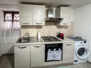 A compact kitchen with a sink, stove, oven, and a washing machine. - The Lucretili's Shelters - Orazio's Land (Licenza)