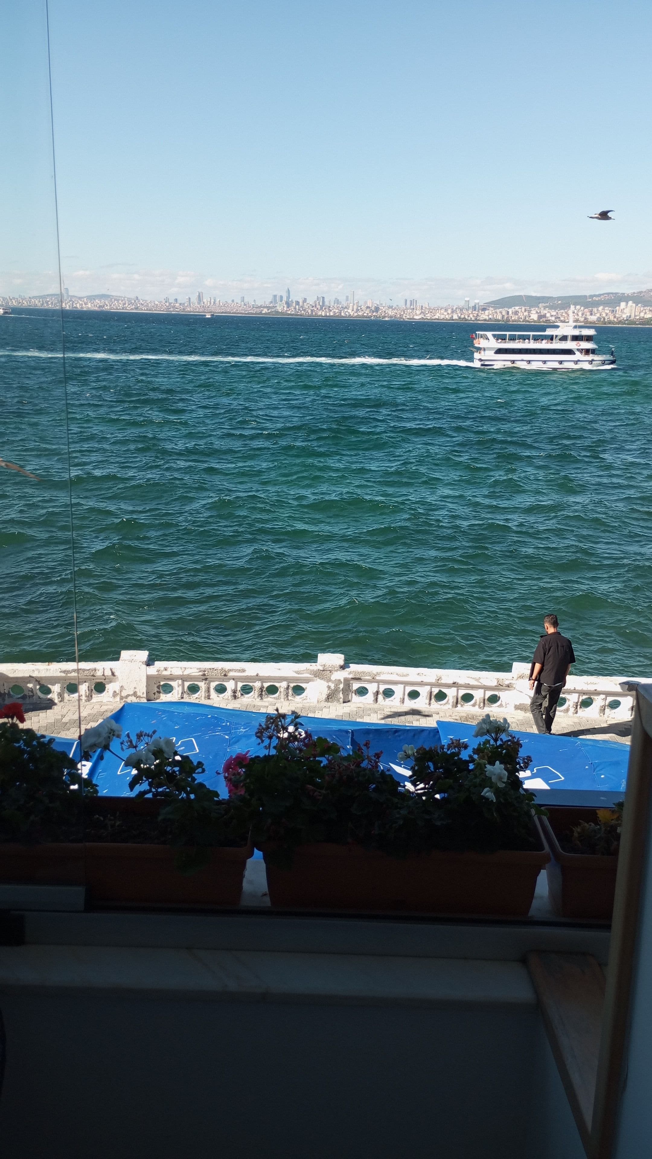 A view of a body of water with a boat and a city skyline in the distance.