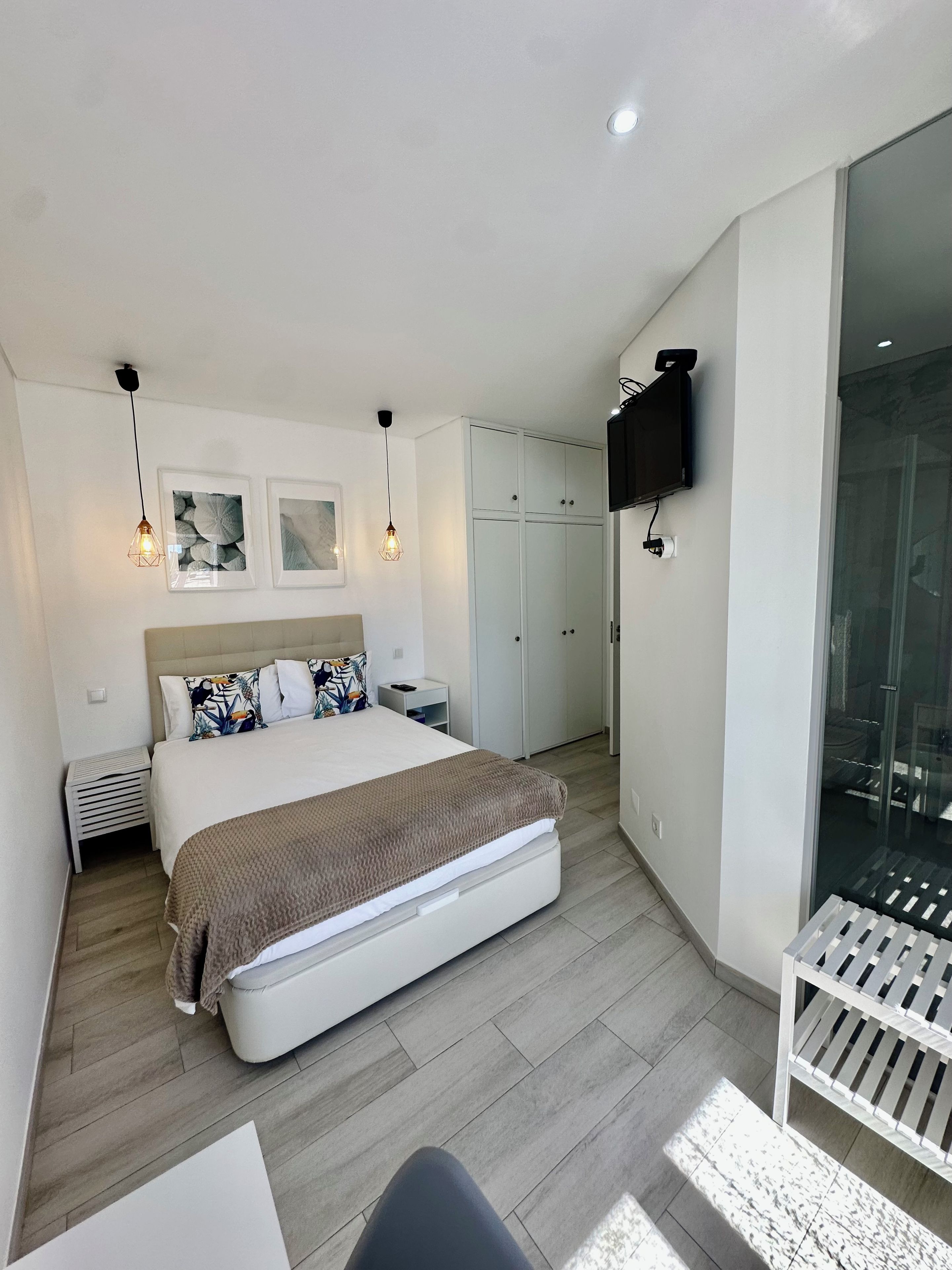 Une chambre à coucher moderne, comprenant un lit, des tables de chevet, une armoire, un téléviseur et une cabine de douche en verre.