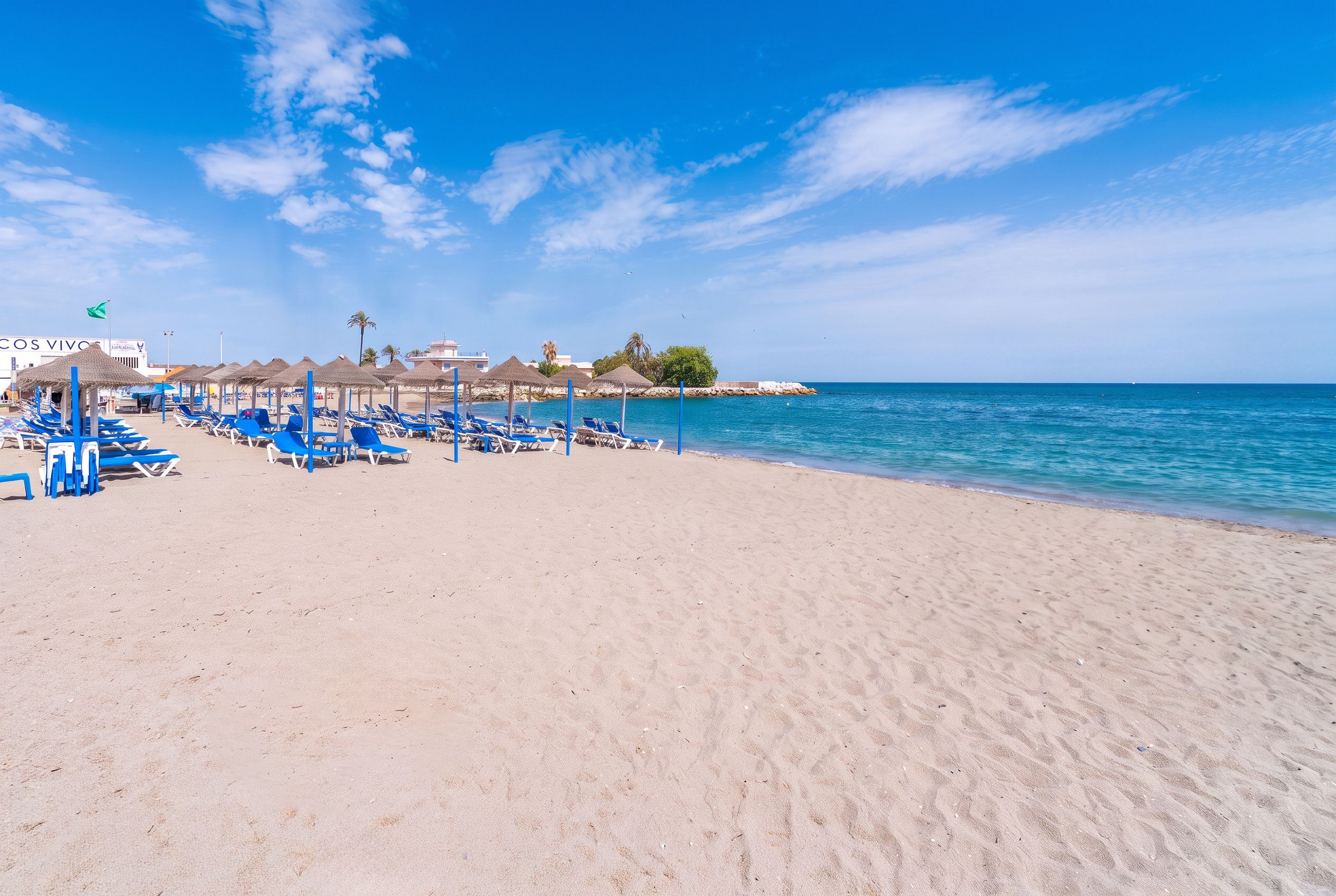 A beach with rows of blue sun loungers and umbrellas, a clear sky, and a calm sea.