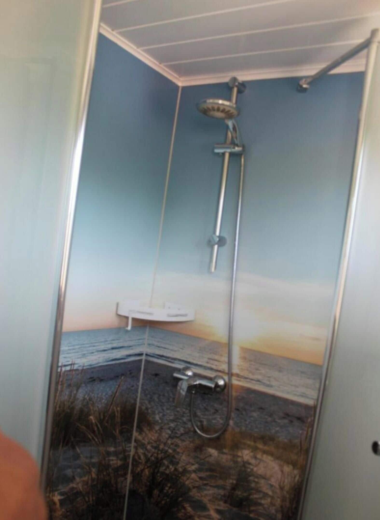 A shower with a beach mural on the wall.