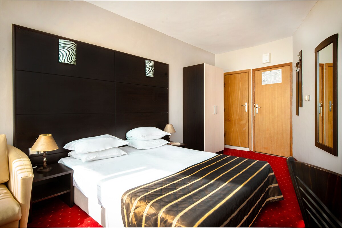A hotel room with a large bed, a nightstand, a lamp, a wardrobe, and a mirror.