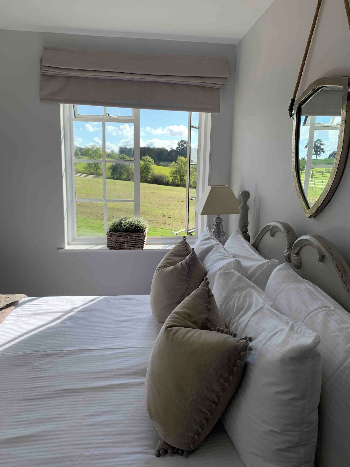 Un dormitorio con una cama grande, una ventana con vistas a un paisaje verde, una lámpara de noche y un espejo en la pared.