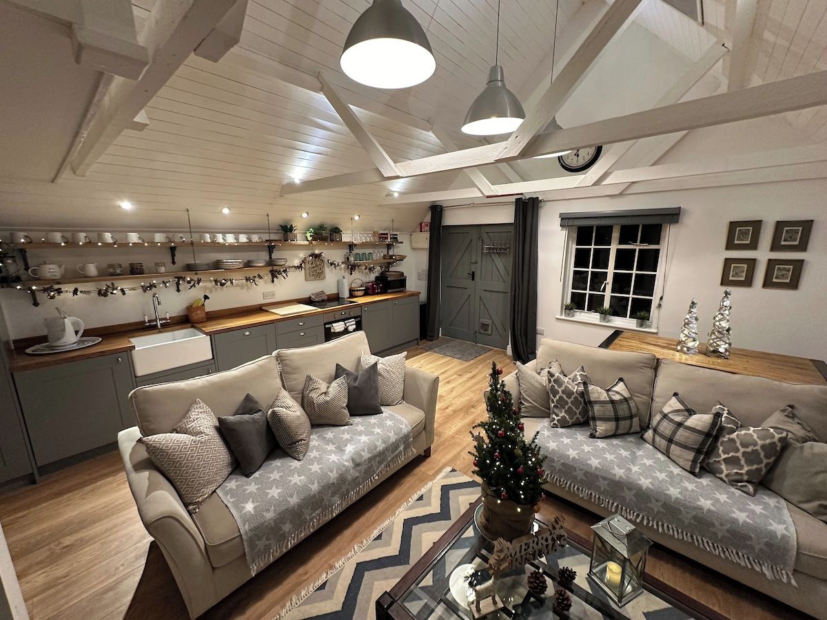 Una sala de estar moderna con dos sofás, una mesa de centro y un árbol de Navidad.