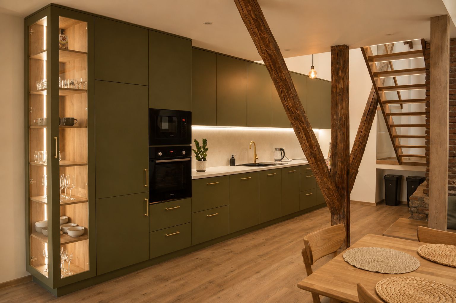 Een moderne keuken met inbouwapparatuur, een houten eettafel en een trap.
