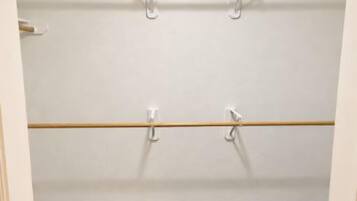 A walk-in closet with a wooden rod and hooks, a light fixture, and a carpeted floor.