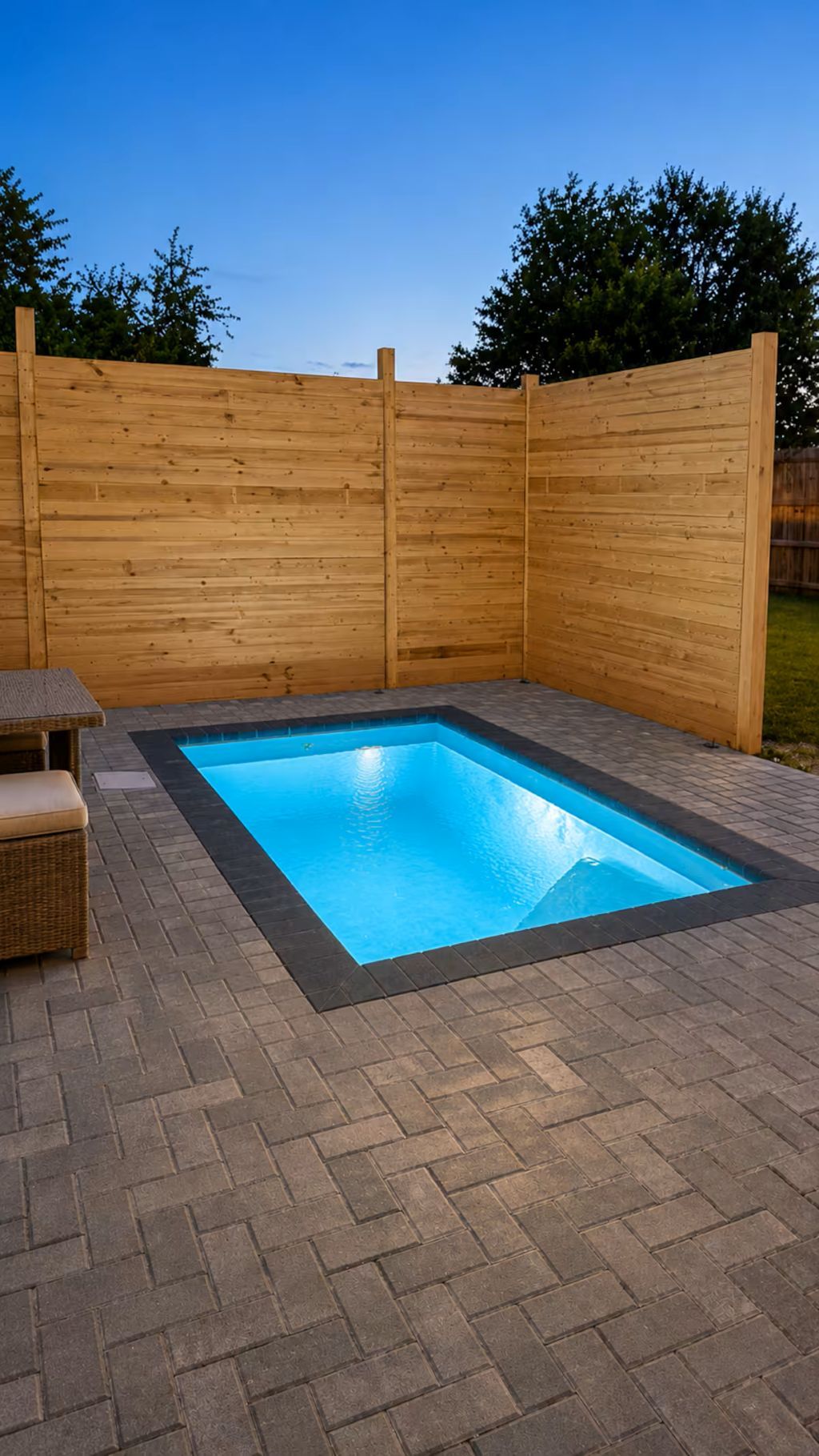 A rectangular swimming pool with a wooden fence surrounding it, a brick patio, and a wicker chair.