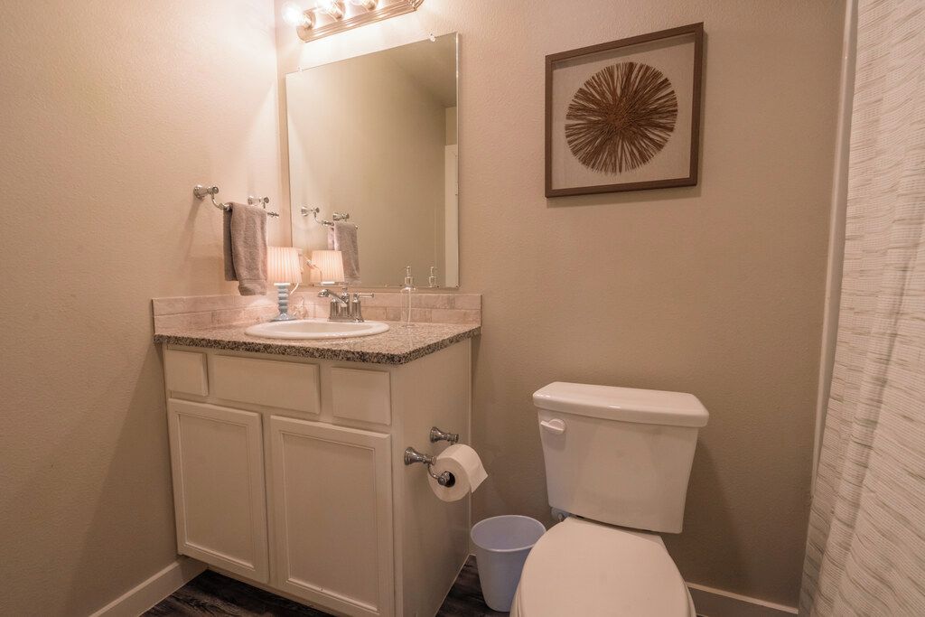 A bathroom with a sink, mirror, toilet, and a framed artwork on the wall.