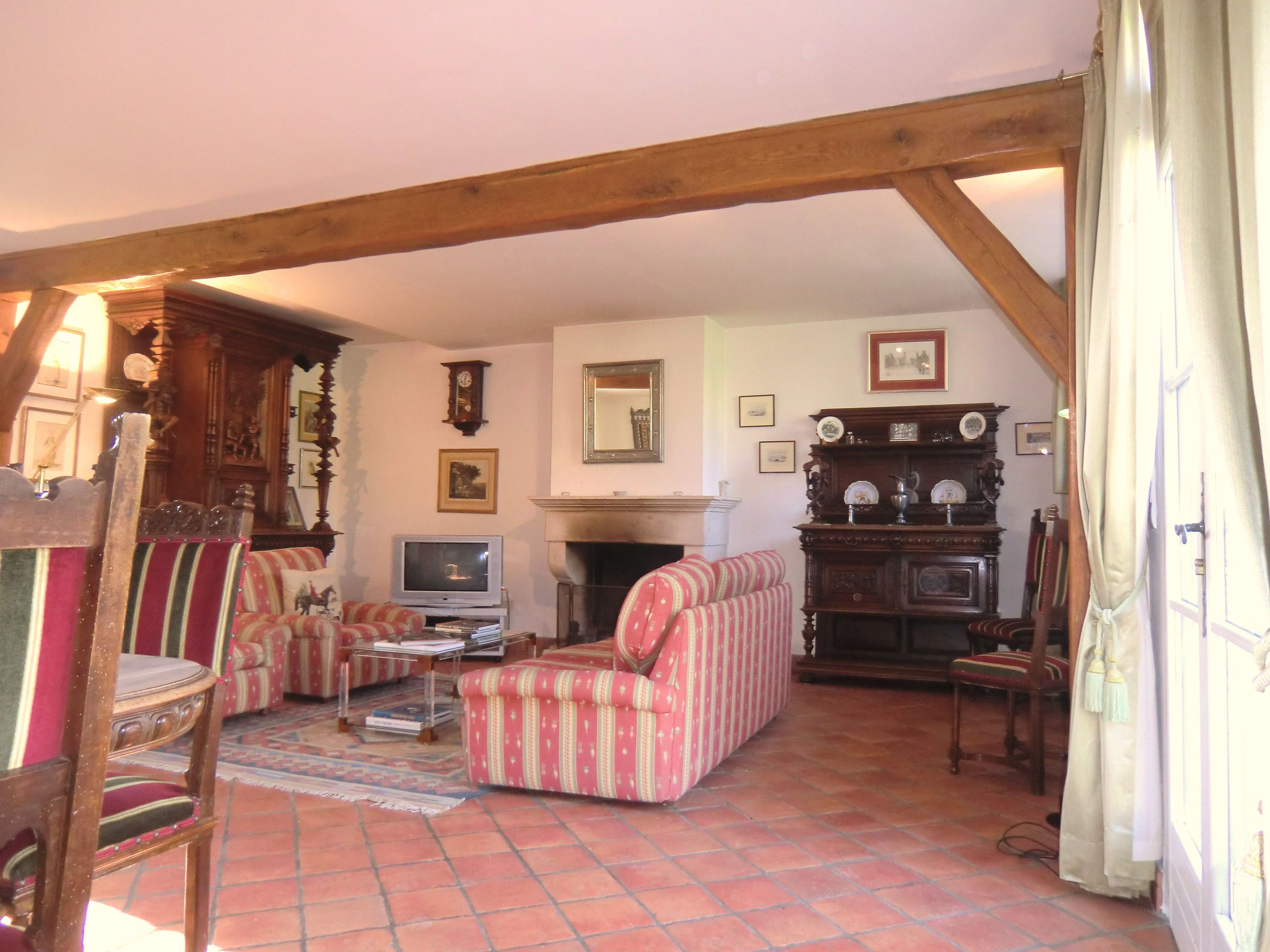 Un salon traditionnel avec une cheminée, un téléviseur et un ensemble de meubles comprenant un canapé.