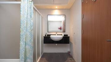 Un baño con ducha, lavabo y espejo.