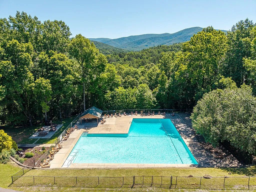 Una piscina rectangular con área de terraza, rodeada de exuberante follaje y árboles.