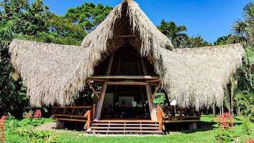 A thatched-roof structure with a wooden porch and steps leading up to it, surrounded by greenery.