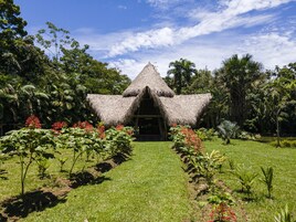 Una estructura con techo de paja y una entrada central, rodeada de un jardín bien cuidado con diversas plantas y flores.