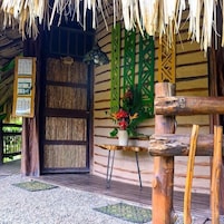 A rustic wooden structure with a thatched roof, a wooden door, and a small table with a potted plant.