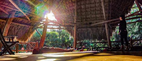 Un espacio interior con techo de paja, vigas de madera y una fuente de luz central.
