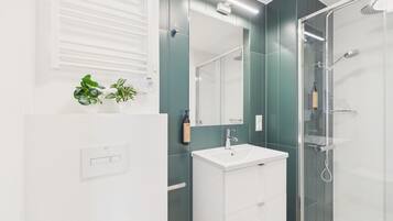A modern bathroom with a glass shower enclosure, a white sink, and a mirror above it.