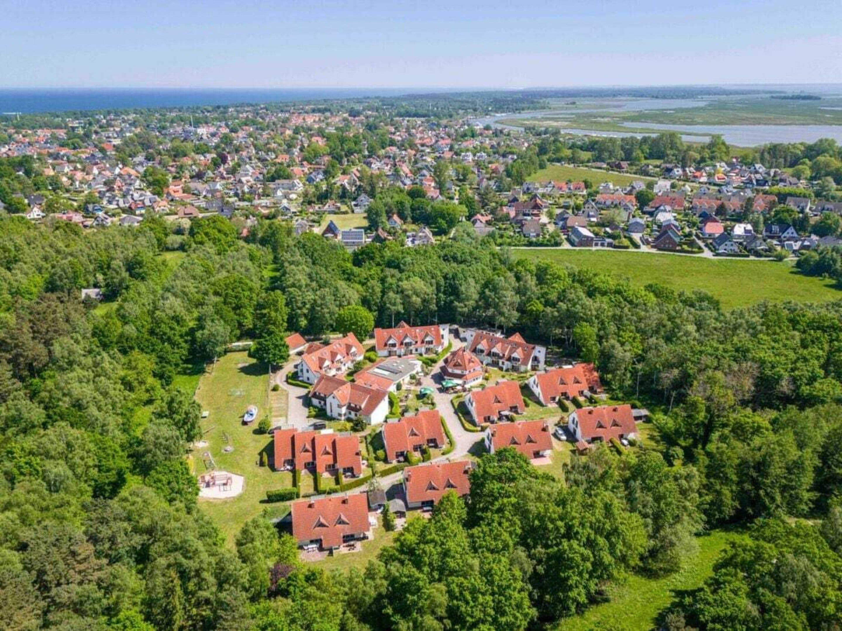 An aerial view of a residential area with houses, green spaces, and a body of water in the background.