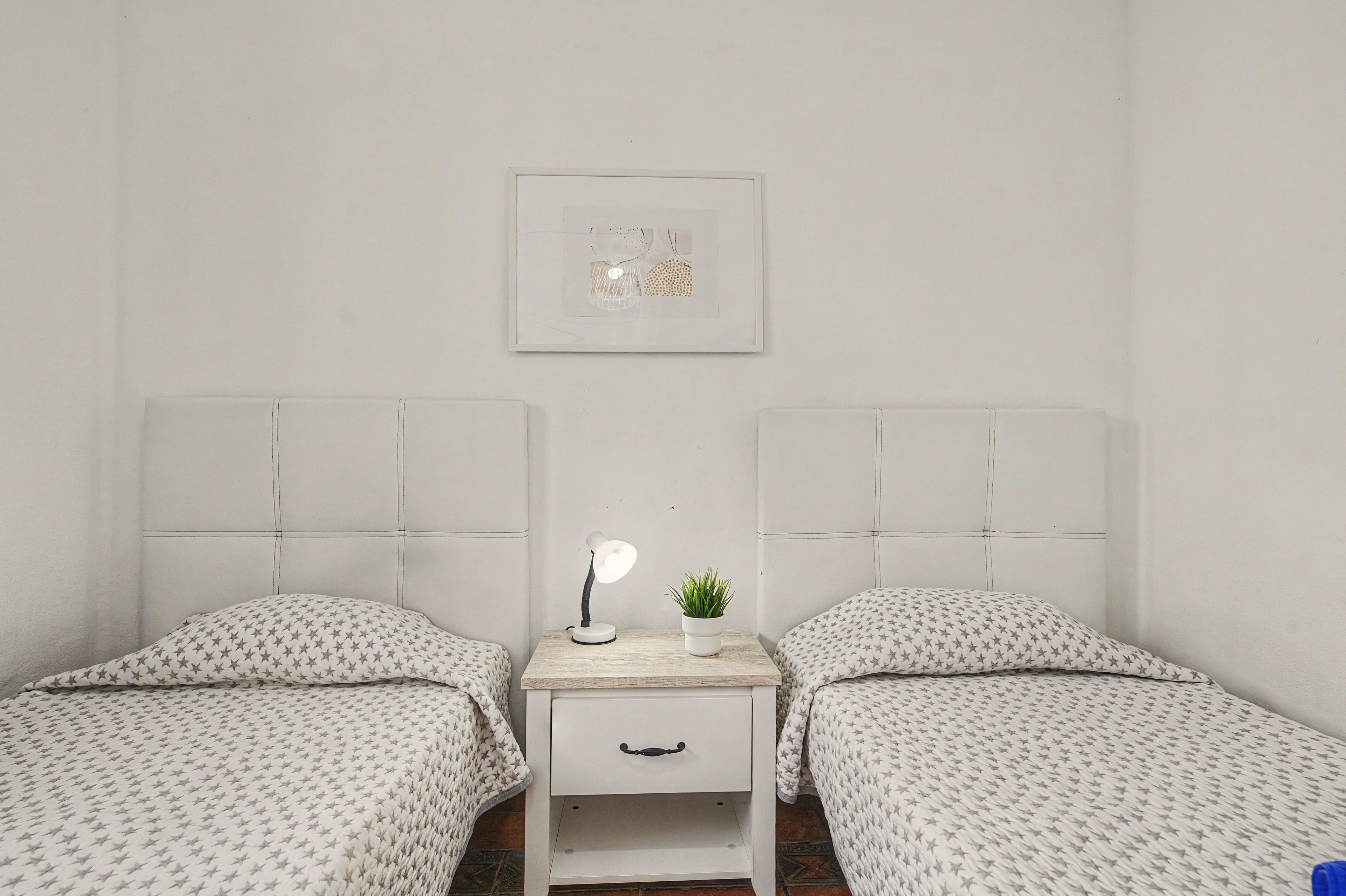 A twin room with two beds, a bedside table with a lamp, a small plant, and a framed picture on the wall.
