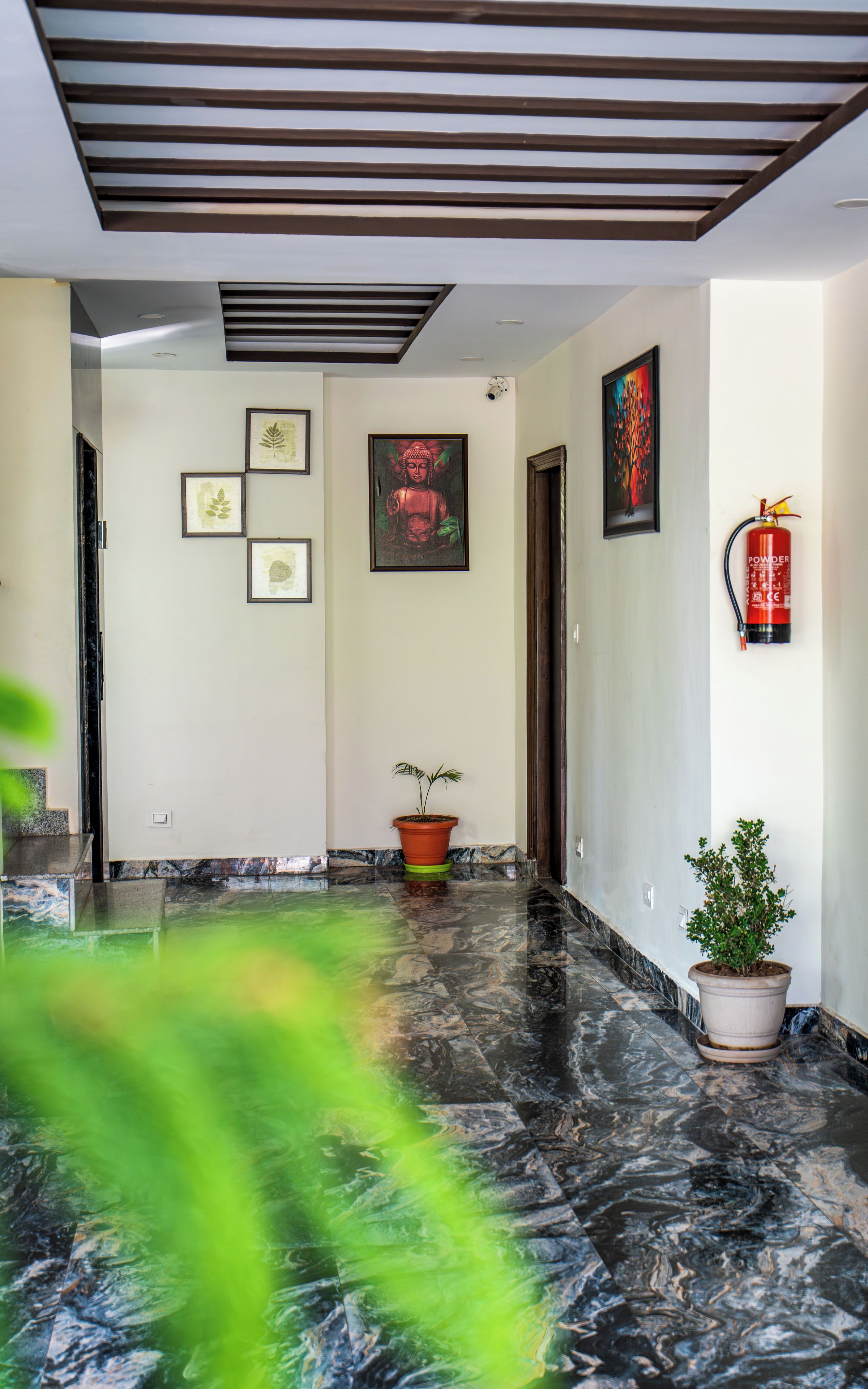 A hallway with a marble floor, framed artwork on the walls, a potted plant, and a fire extinguisher.