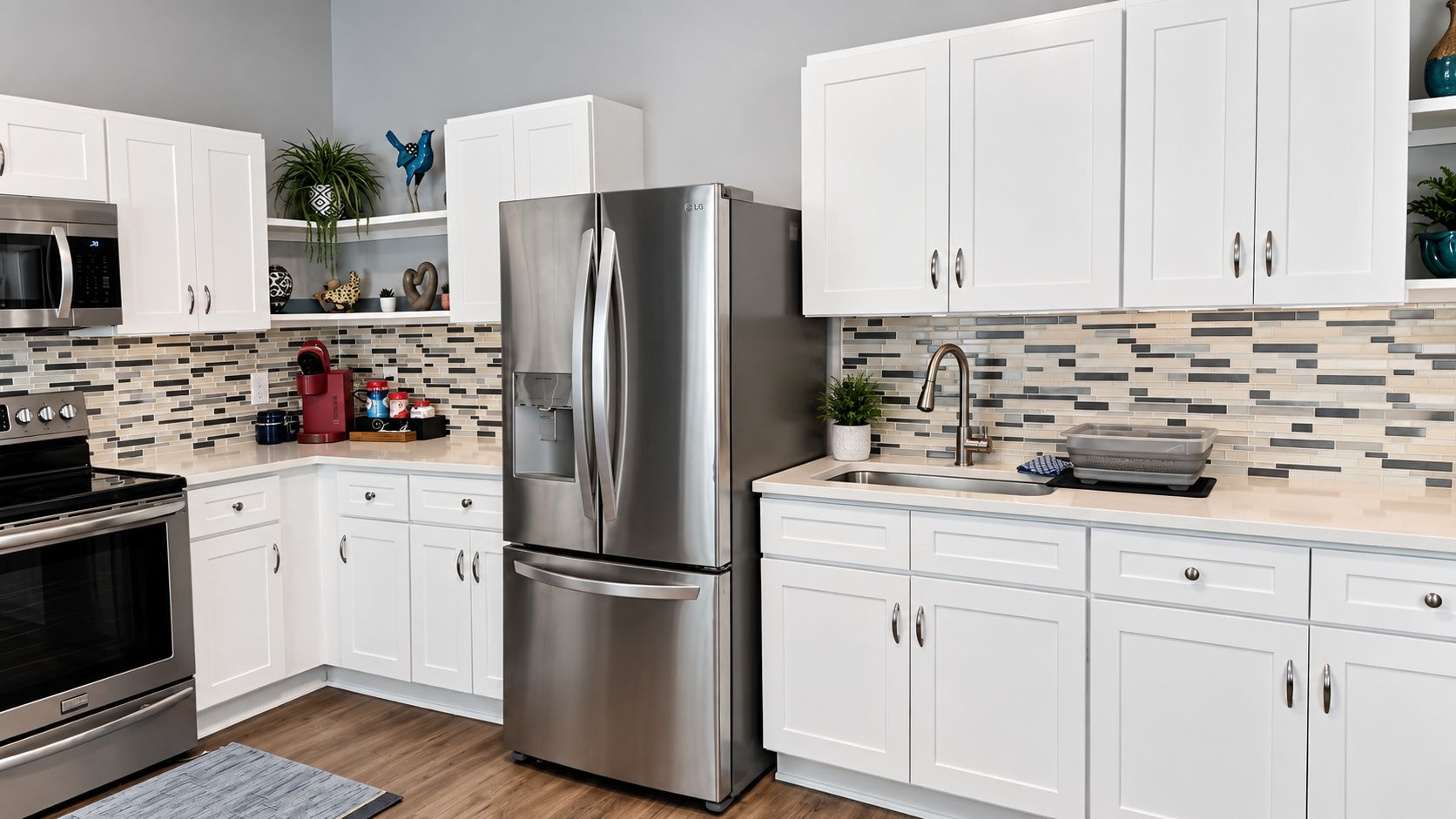 A modern kitchen with white cabinets, stainless steel appliances, and a tiled backsplash.