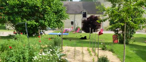 A garden with a ping pong table, chairs, and a dog.