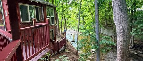 Una terraza de madera con barandilla, una casa con ventanas y una zona boscosa con un arroyo.